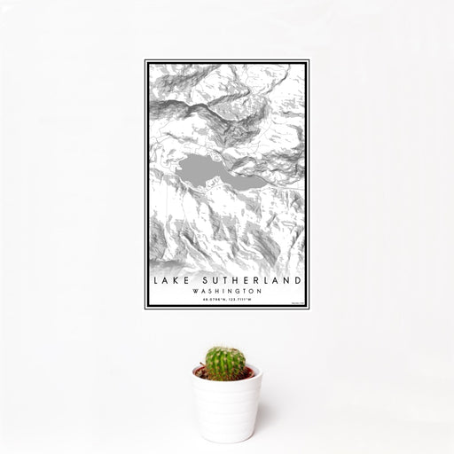 12x18 Lake Sutherland Washington Map Print Portrait Orientation in Classic Style With Small Cactus Plant in White Planter