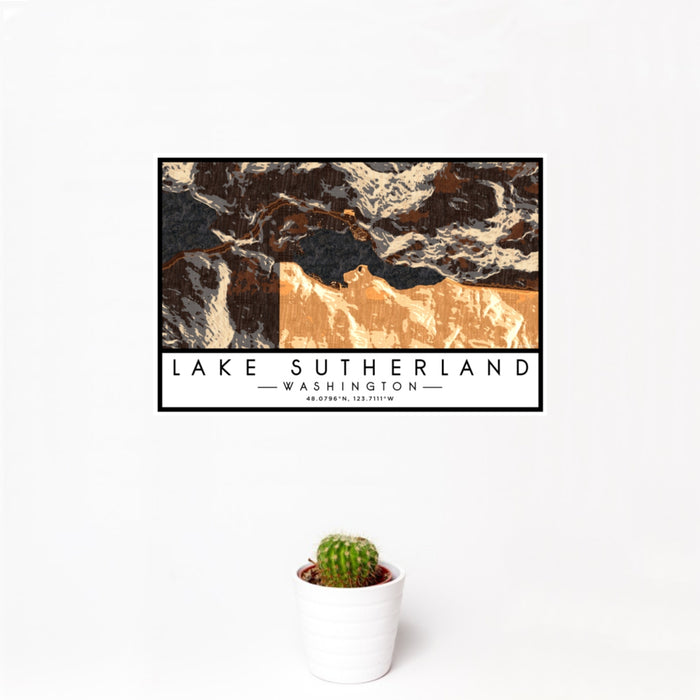 12x18 Lake Sutherland Washington Map Print Landscape Orientation in Ember Style With Small Cactus Plant in White Planter