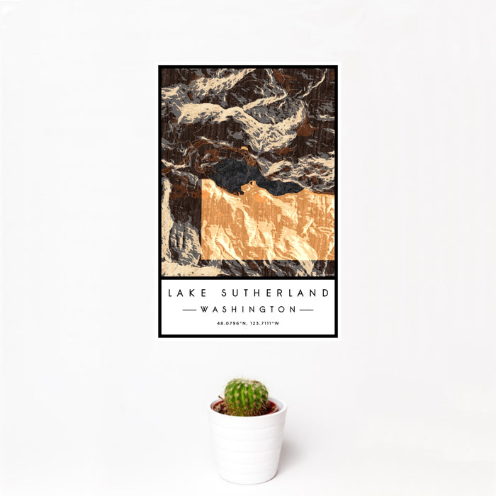 12x18 Lake Sutherland Washington Map Print Portrait Orientation in Ember Style With Small Cactus Plant in White Planter