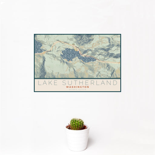 12x18 Lake Sutherland Washington Map Print Landscape Orientation in Woodblock Style With Small Cactus Plant in White Planter