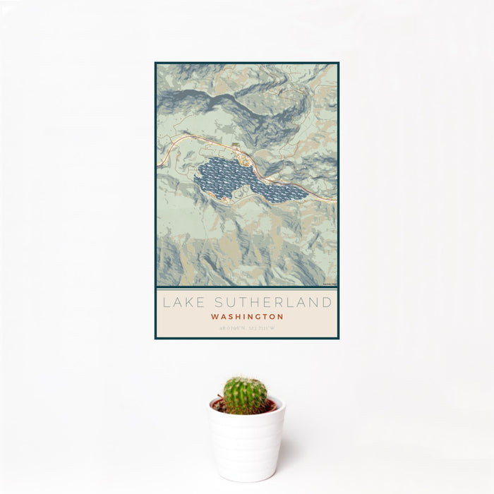 12x18 Lake Sutherland Washington Map Print Portrait Orientation in Woodblock Style With Small Cactus Plant in White Planter