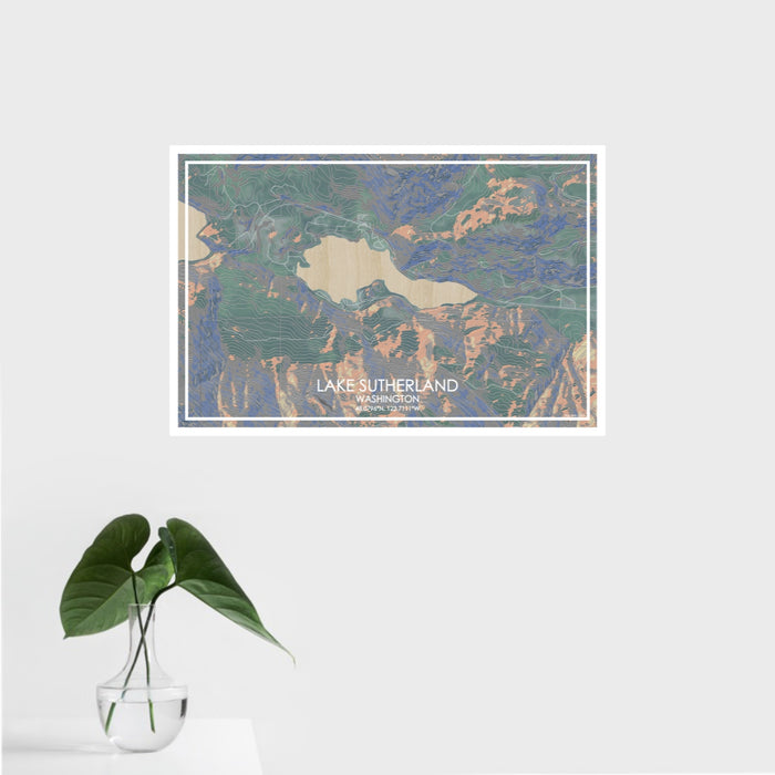 16x24 Lake Sutherland Washington Map Print Landscape Orientation in Afternoon Style With Tropical Plant Leaves in Water