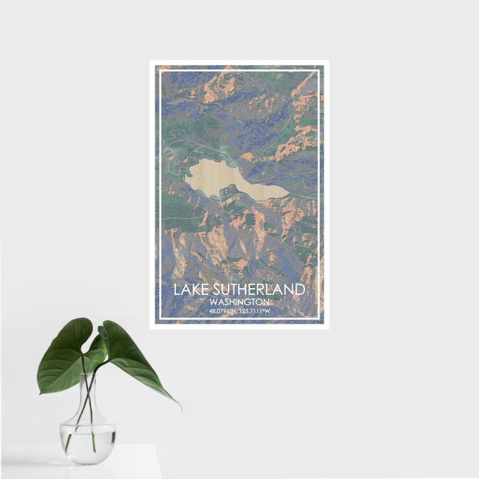 16x24 Lake Sutherland Washington Map Print Portrait Orientation in Afternoon Style With Tropical Plant Leaves in Water
