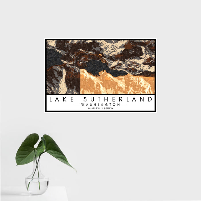 16x24 Lake Sutherland Washington Map Print Landscape Orientation in Ember Style With Tropical Plant Leaves in Water