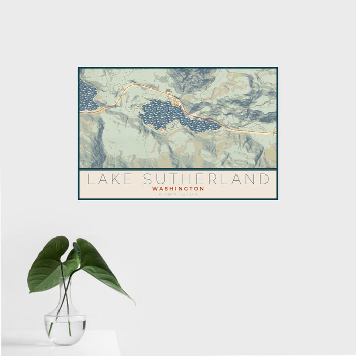 16x24 Lake Sutherland Washington Map Print Landscape Orientation in Woodblock Style With Tropical Plant Leaves in Water
