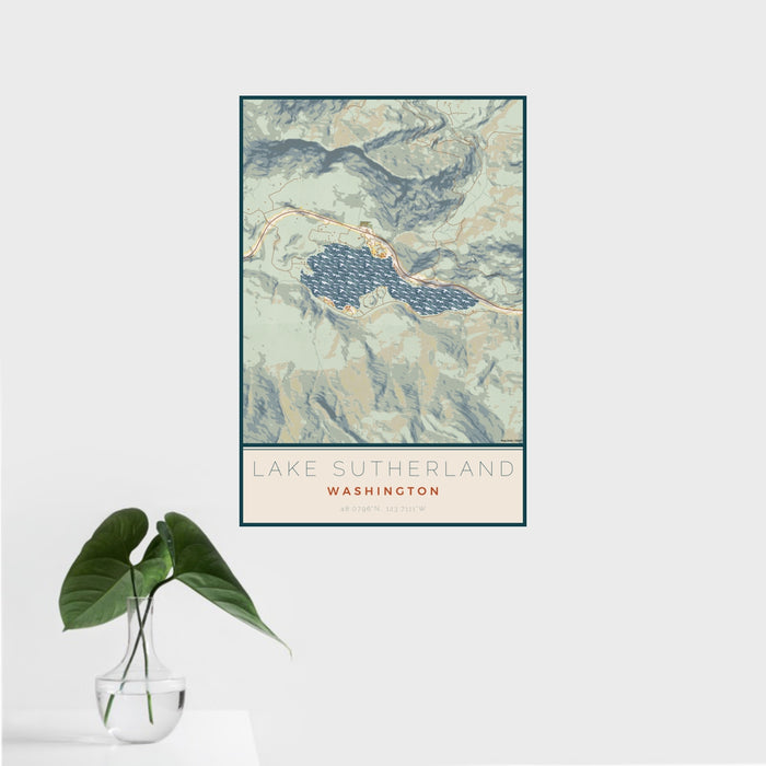 16x24 Lake Sutherland Washington Map Print Portrait Orientation in Woodblock Style With Tropical Plant Leaves in Water