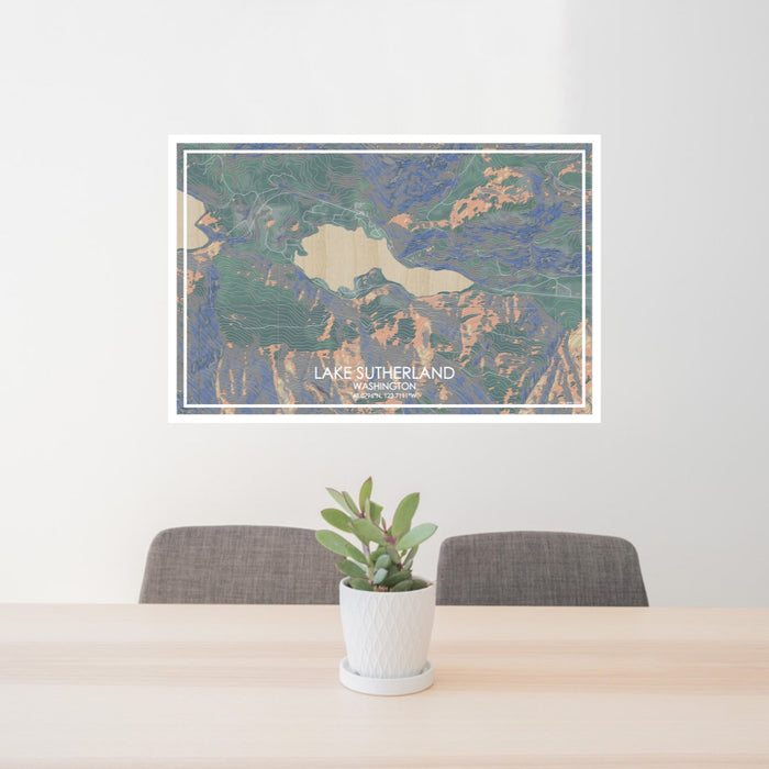 24x36 Lake Sutherland Washington Map Print Lanscape Orientation in Afternoon Style Behind 2 Chairs Table and Potted Plant