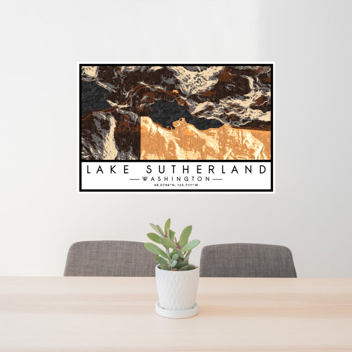 24x36 Lake Sutherland Washington Map Print Lanscape Orientation in Ember Style Behind 2 Chairs Table and Potted Plant