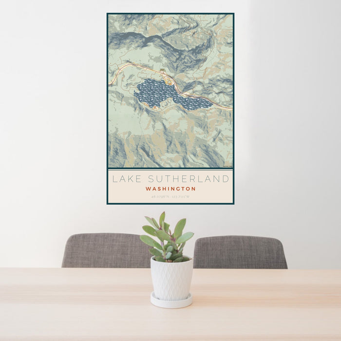 24x36 Lake Sutherland Washington Map Print Portrait Orientation in Woodblock Style Behind 2 Chairs Table and Potted Plant
