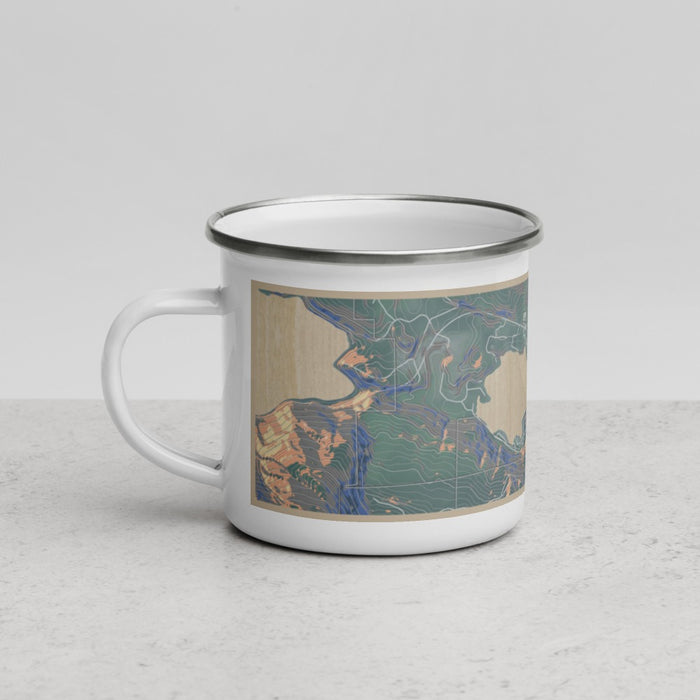 Left View Custom Lake Sutherland Washington Map Enamel Mug in Afternoon