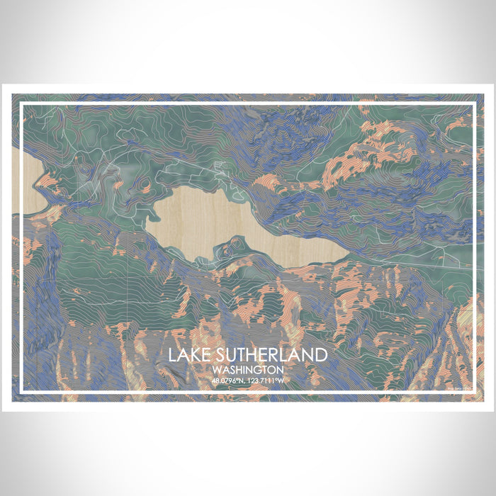 Lake Sutherland Washington Map Print Landscape Orientation in Afternoon Style With Shaded Background