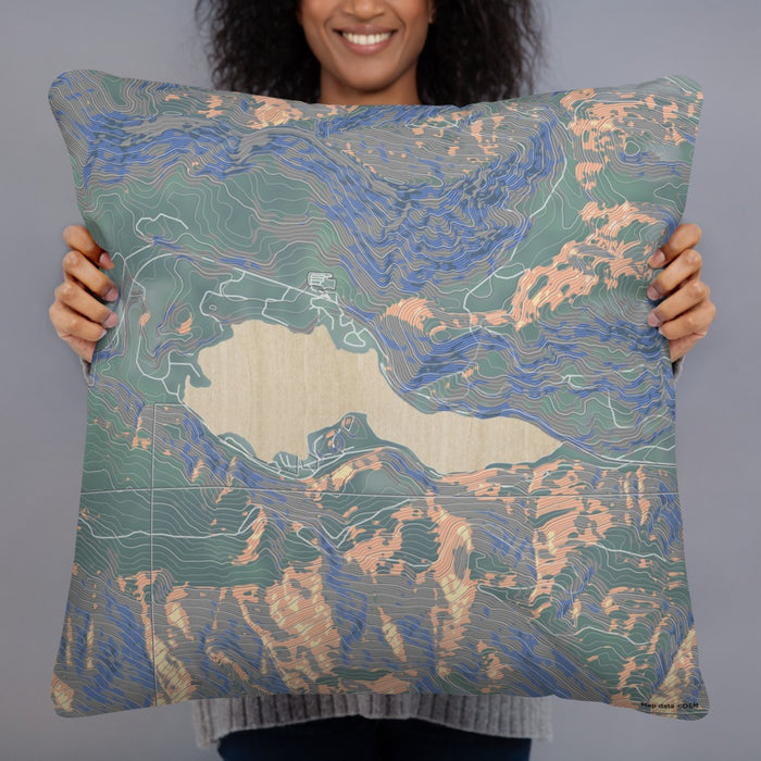 Person holding 22x22 Custom Lake Sutherland Washington Map Throw Pillow in Afternoon
