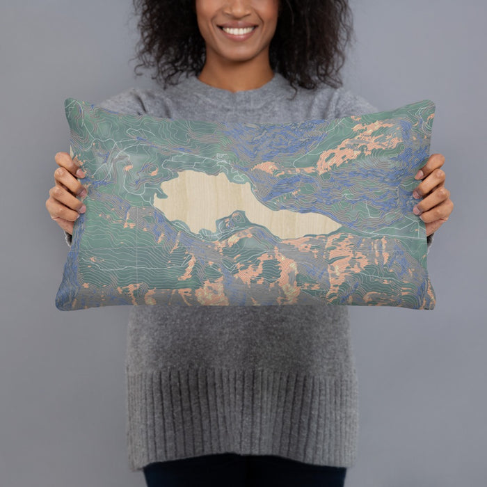Person holding 20x12 Custom Lake Sutherland Washington Map Throw Pillow in Afternoon