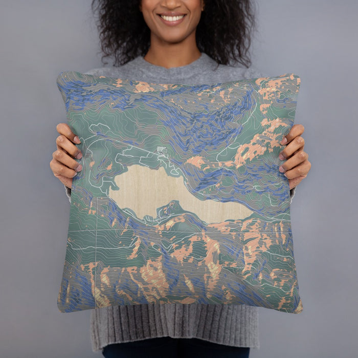 Person holding 18x18 Custom Lake Sutherland Washington Map Throw Pillow in Afternoon