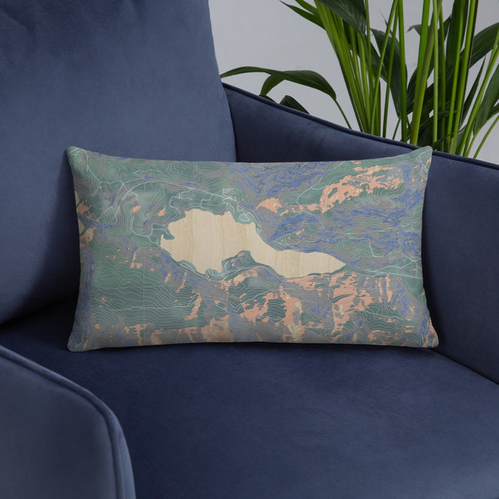 Custom Lake Sutherland Washington Map Throw Pillow in Afternoon on Blue Colored Chair