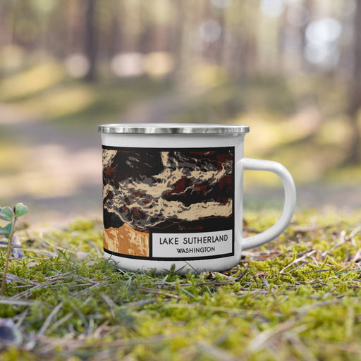 Right View Custom Lake Sutherland Washington Map Enamel Mug in Ember on Grass With Trees in Background