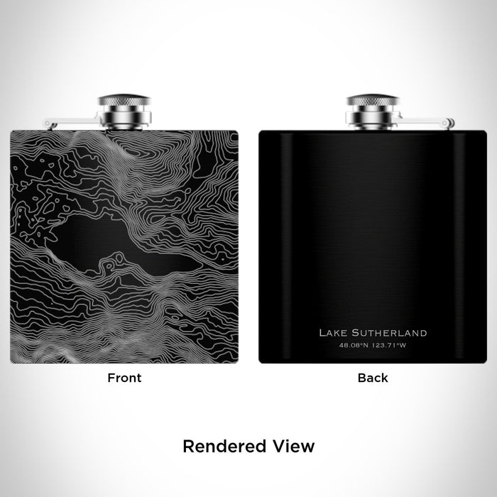 Rendered View of Lake Sutherland Washington Map Engraving on 6oz Stainless Steel Flask in Black