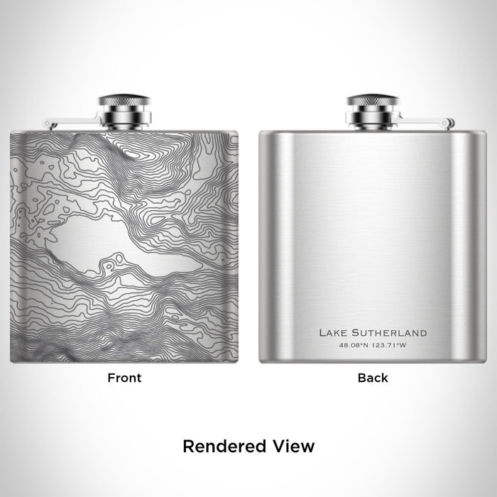 Rendered View of Lake Sutherland Washington Map Engraving on 6oz Stainless Steel Flask