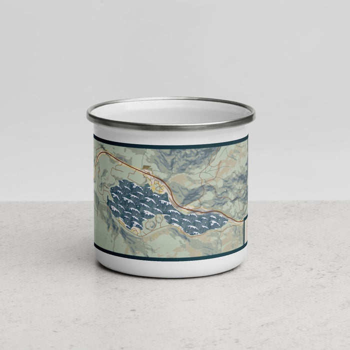 Front View Custom Lake Sutherland Washington Map Enamel Mug in Woodblock