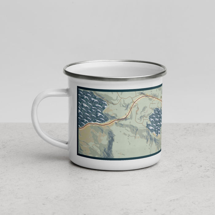 Left View Custom Lake Sutherland Washington Map Enamel Mug in Woodblock