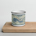 Front View Custom Lake Sutherland Washington Map Enamel Mug in Woodblock on Cutting Board