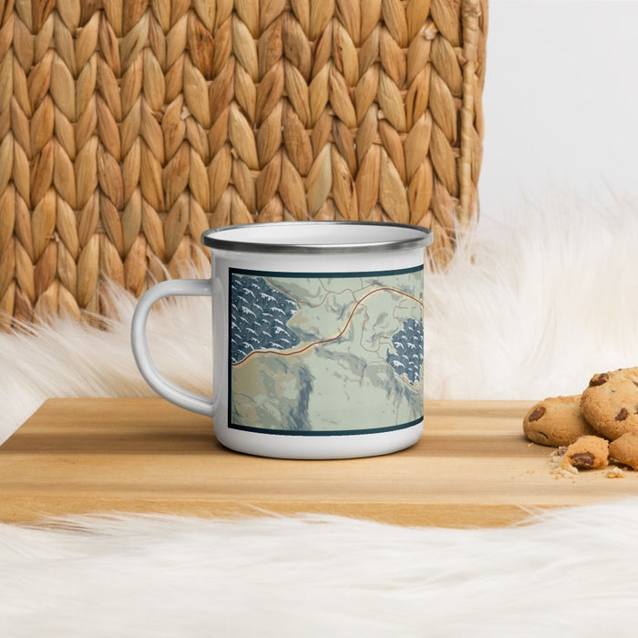 Left View Custom Lake Sutherland Washington Map Enamel Mug in Woodblock on Table Top