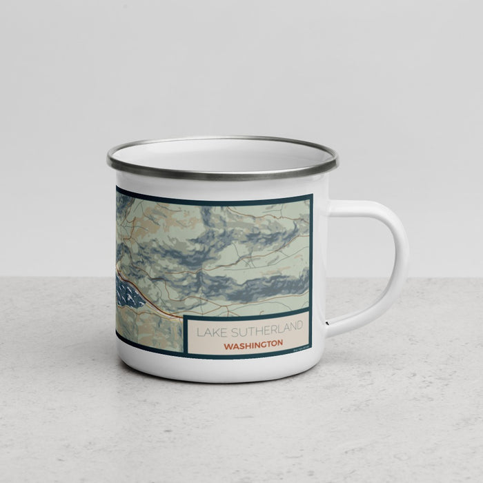 Right View Custom Lake Sutherland Washington Map Enamel Mug in Woodblock
