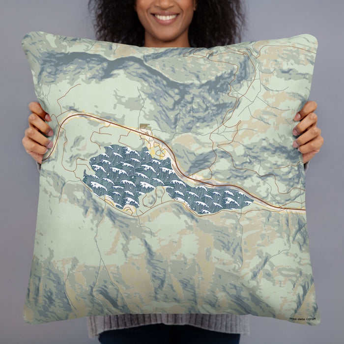 Person holding 22x22 Custom Lake Sutherland Washington Map Throw Pillow in Woodblock