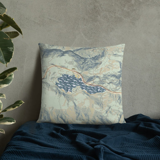 Custom Lake Sutherland Washington Map Throw Pillow in Woodblock on Bedding Against Wall