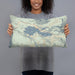 Person holding 20x12 Custom Lake Sutherland Washington Map Throw Pillow in Woodblock