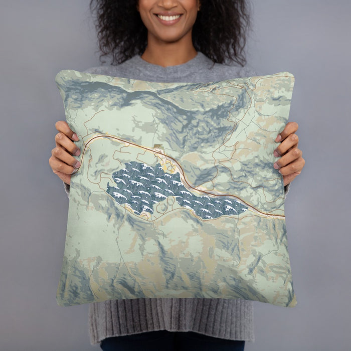 Person holding 18x18 Custom Lake Sutherland Washington Map Throw Pillow in Woodblock