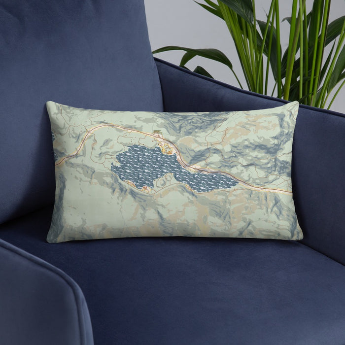 Custom Lake Sutherland Washington Map Throw Pillow in Woodblock on Blue Colored Chair
