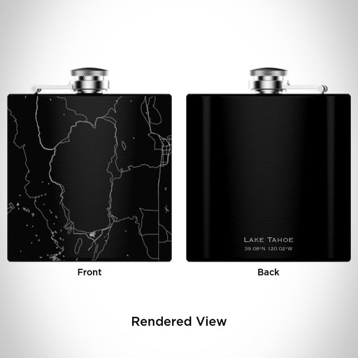 Rendered View of Lake Tahoe Sierra Nevada Map Engraving on 6oz Stainless Steel Flask in Black
