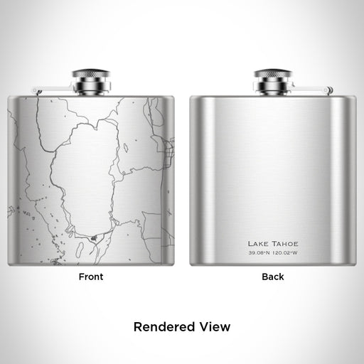 Rendered View of Lake Tahoe Sierra Nevada Map Engraving on 6oz Stainless Steel Flask