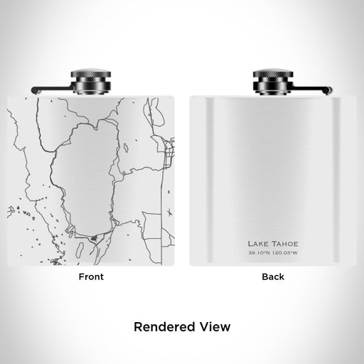 Rendered View of Lake Tahoe Sierra Nevada Map Engraving on 6oz Stainless Steel Flask in White