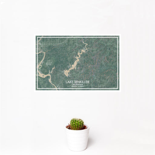 12x18 Lake Tenkiller Oklahoma Map Print Landscape Orientation in Afternoon Style With Small Cactus Plant in White Planter