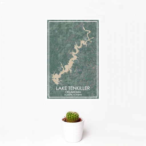 12x18 Lake Tenkiller Oklahoma Map Print Portrait Orientation in Afternoon Style With Small Cactus Plant in White Planter
