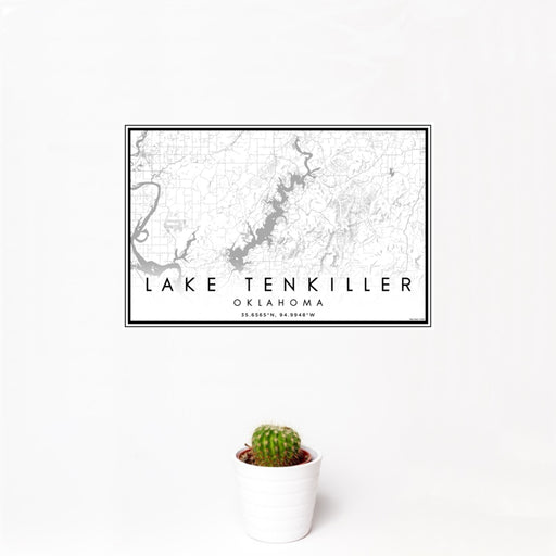 12x18 Lake Tenkiller Oklahoma Map Print Landscape Orientation in Classic Style With Small Cactus Plant in White Planter