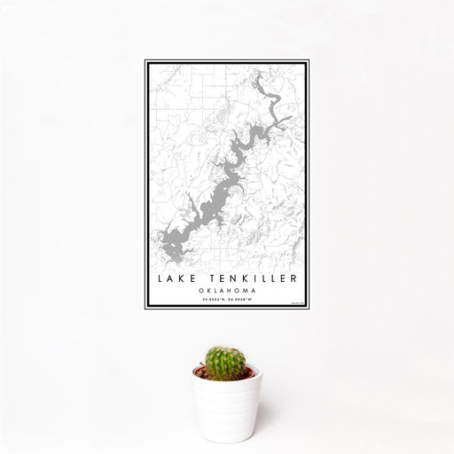 12x18 Lake Tenkiller Oklahoma Map Print Portrait Orientation in Classic Style With Small Cactus Plant in White Planter