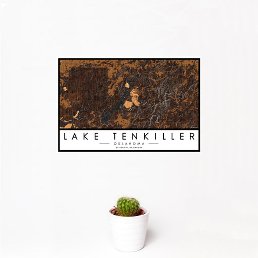 12x18 Lake Tenkiller Oklahoma Map Print Landscape Orientation in Ember Style With Small Cactus Plant in White Planter