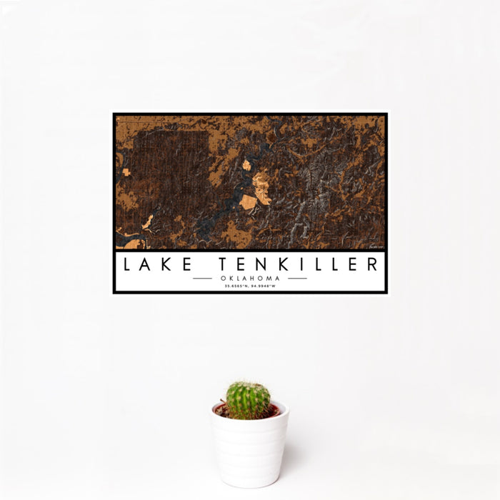 12x18 Lake Tenkiller Oklahoma Map Print Landscape Orientation in Ember Style With Small Cactus Plant in White Planter