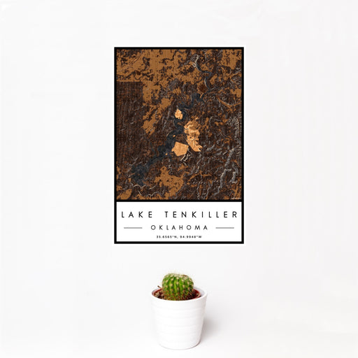 12x18 Lake Tenkiller Oklahoma Map Print Portrait Orientation in Ember Style With Small Cactus Plant in White Planter