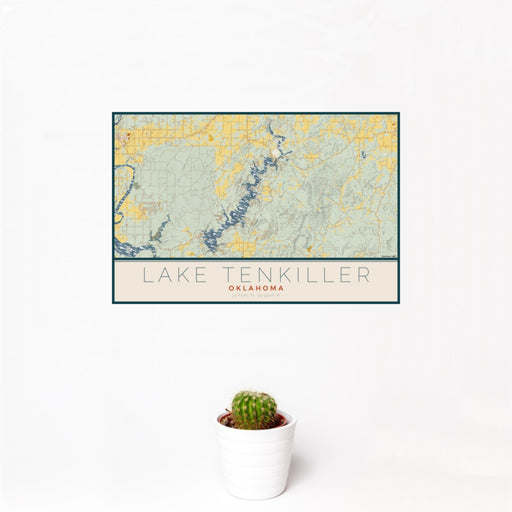 12x18 Lake Tenkiller Oklahoma Map Print Landscape Orientation in Woodblock Style With Small Cactus Plant in White Planter
