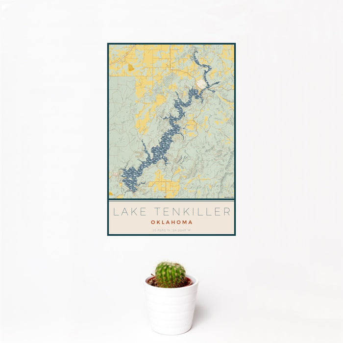 12x18 Lake Tenkiller Oklahoma Map Print Portrait Orientation in Woodblock Style With Small Cactus Plant in White Planter