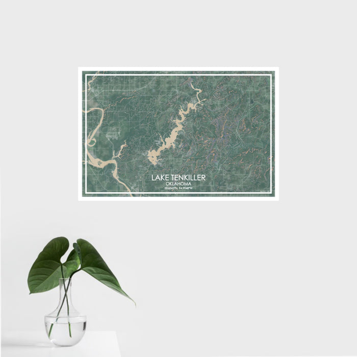 16x24 Lake Tenkiller Oklahoma Map Print Landscape Orientation in Afternoon Style With Tropical Plant Leaves in Water