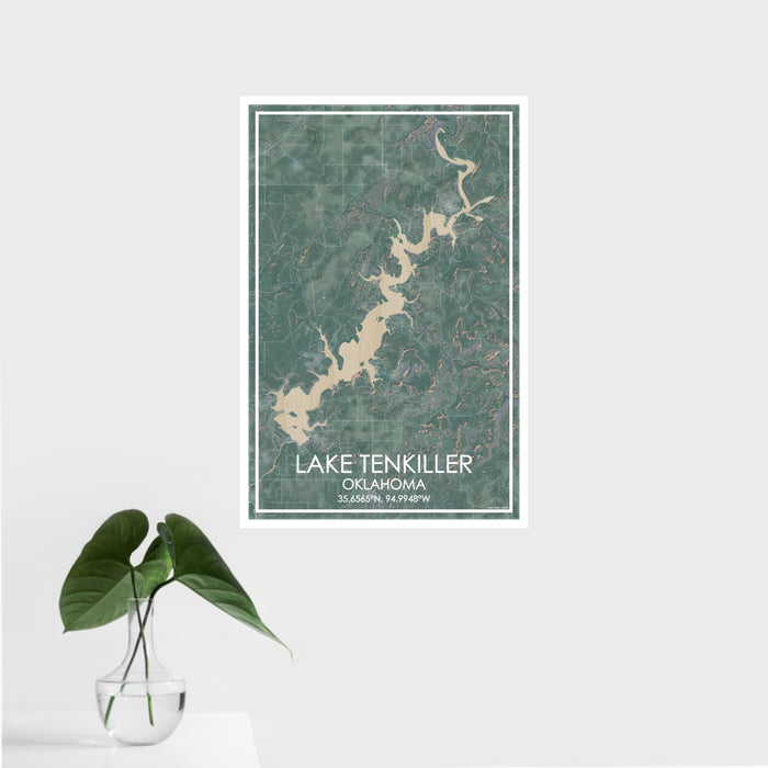 16x24 Lake Tenkiller Oklahoma Map Print Portrait Orientation in Afternoon Style With Tropical Plant Leaves in Water
