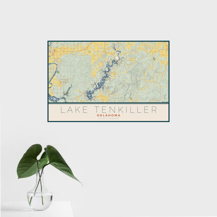 16x24 Lake Tenkiller Oklahoma Map Print Landscape Orientation in Woodblock Style With Tropical Plant Leaves in Water