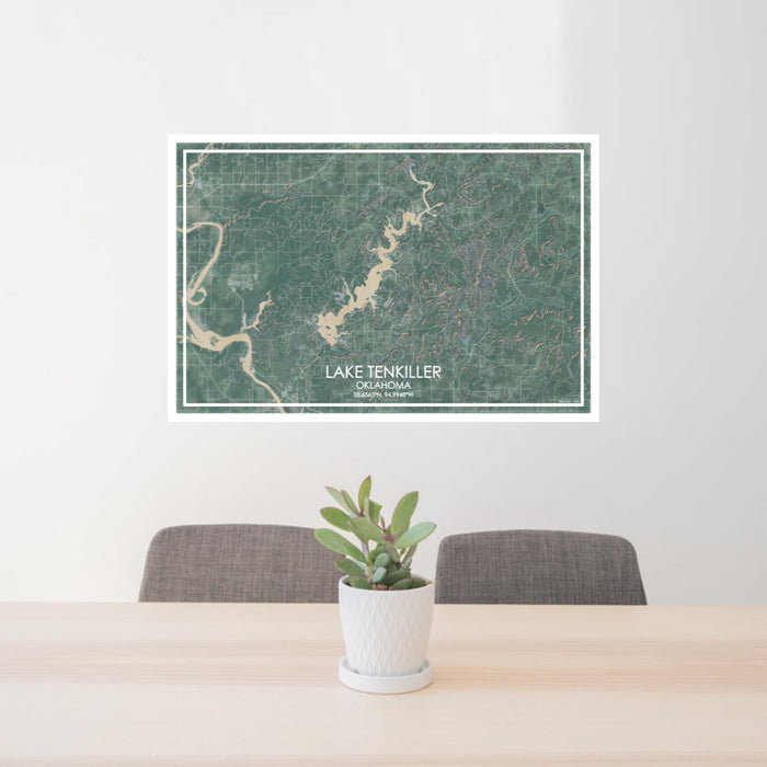 24x36 Lake Tenkiller Oklahoma Map Print Lanscape Orientation in Afternoon Style Behind 2 Chairs Table and Potted Plant
