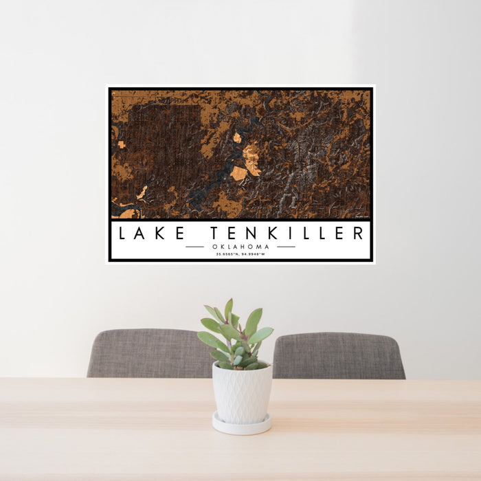 24x36 Lake Tenkiller Oklahoma Map Print Lanscape Orientation in Ember Style Behind 2 Chairs Table and Potted Plant