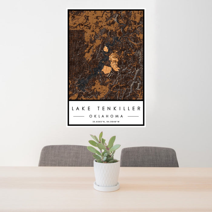 24x36 Lake Tenkiller Oklahoma Map Print Portrait Orientation in Ember Style Behind 2 Chairs Table and Potted Plant